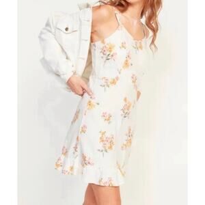 Old Navy Ivory Pink Linen Floral Print Fit & Flare Ruffle Hem Cami Dress Sz M